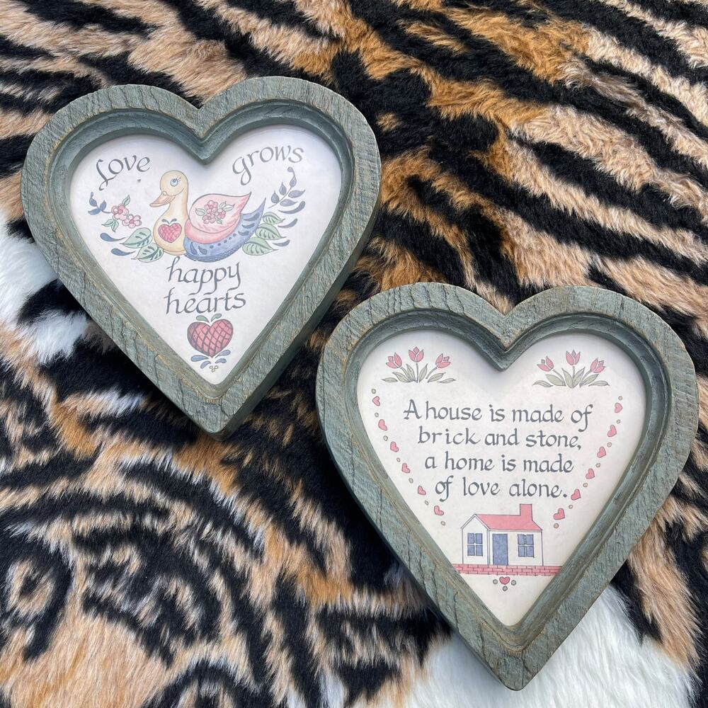 Vintage 1987 HOMCO Heart Wall Plaques Set of 2 Cottagecore Green Love Decor